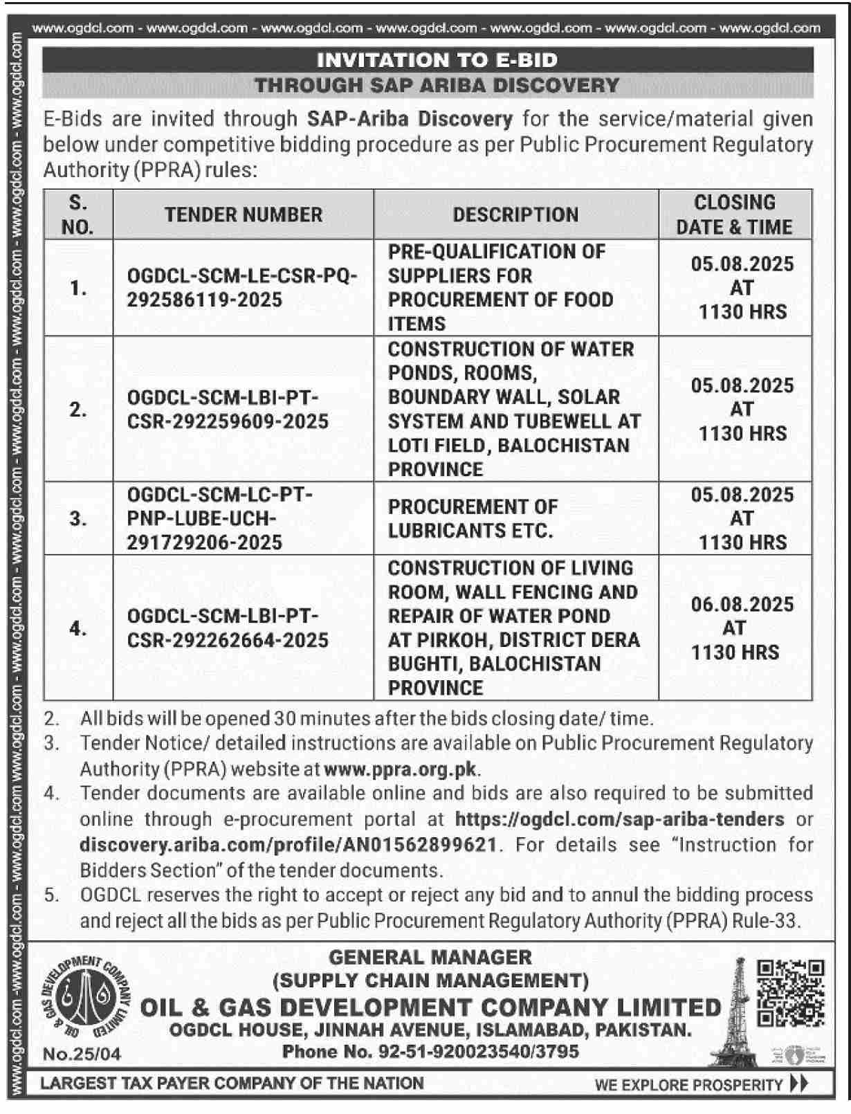 Oil & Gas Development Company Limited Islamabad Tender Notice
